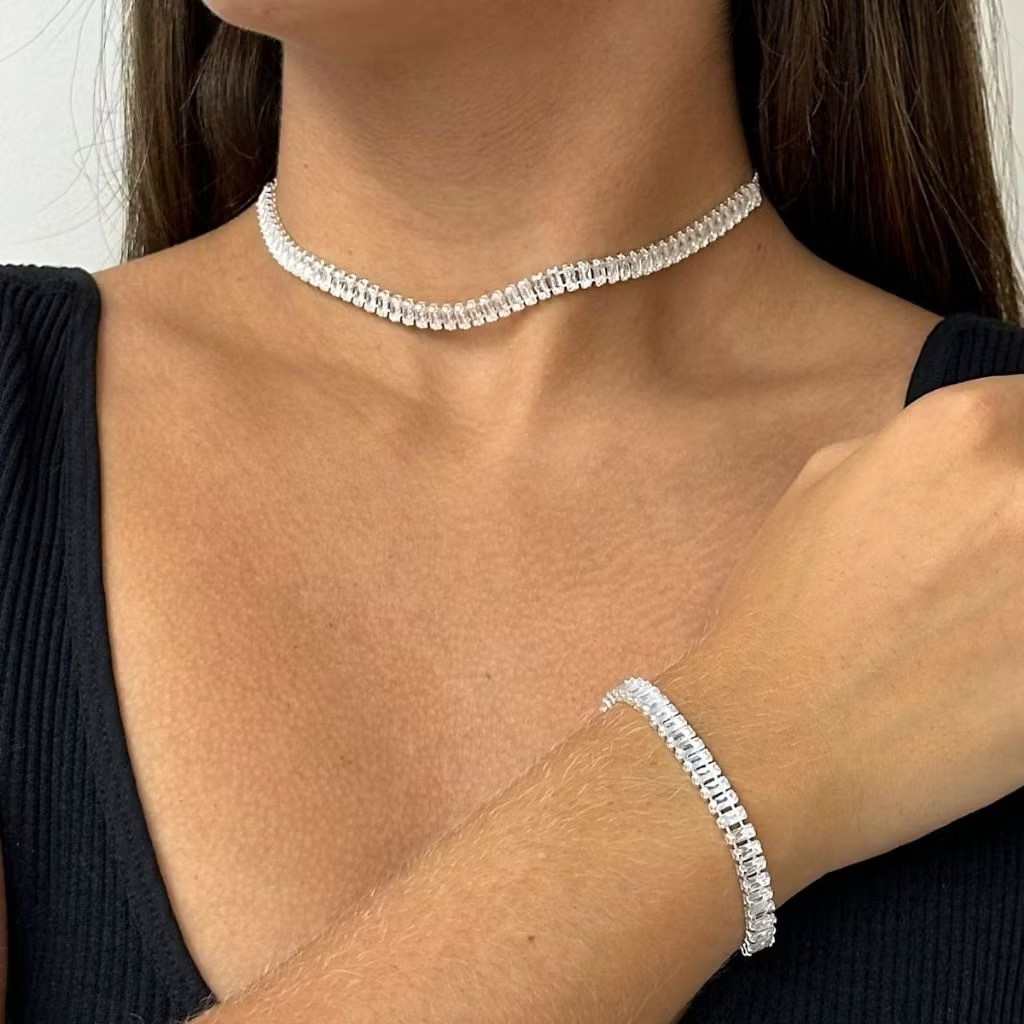 Kit Colar e Pulseira Baguete Zircônia  a Ouro 18K a prata 925 antialérgico em Oferta na Shopee