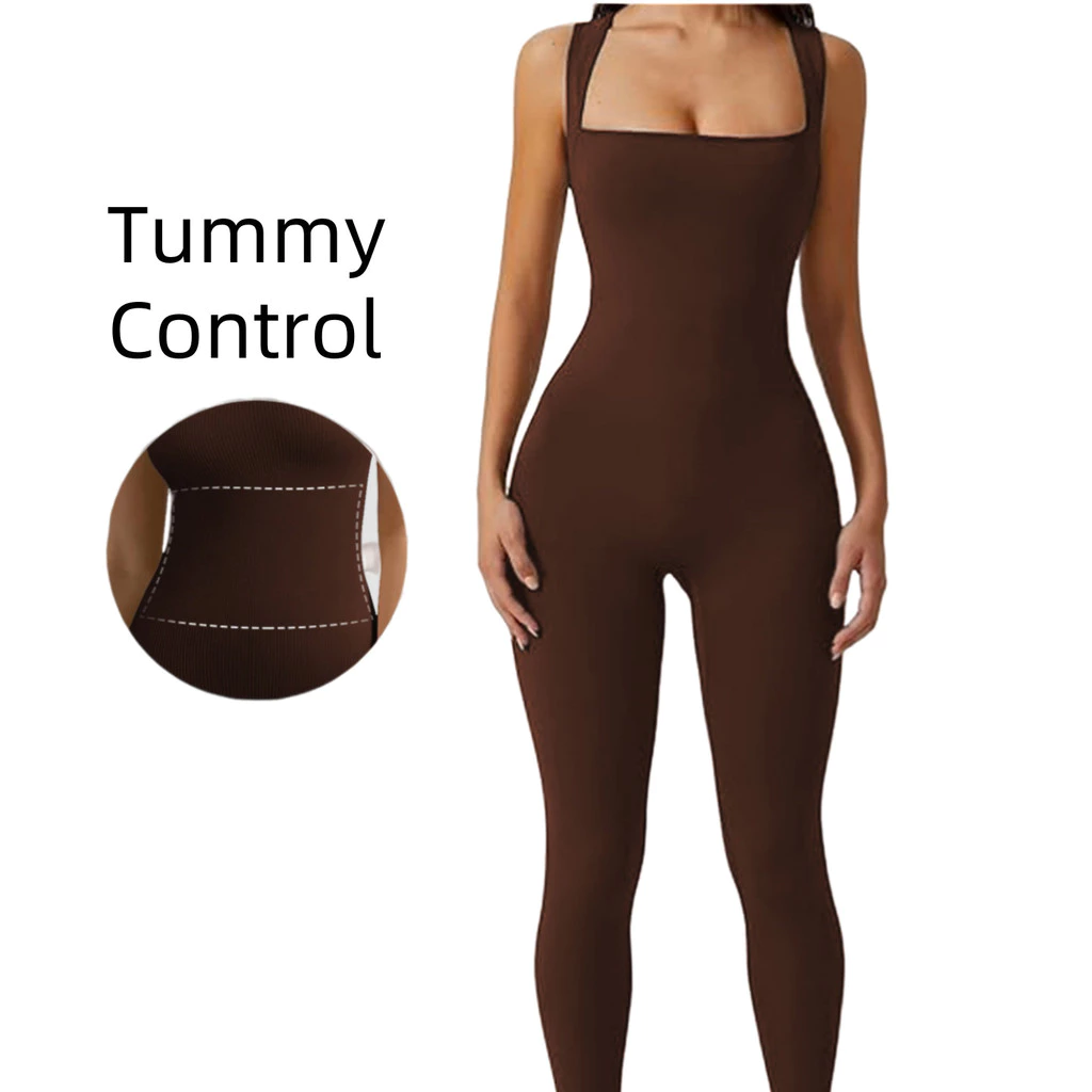 Macacão Feminino Sem Costura Gola Quadrada Ribbed Cintura Alta Modelador Suplex Yoga Fitness Academia Linlin Flow
