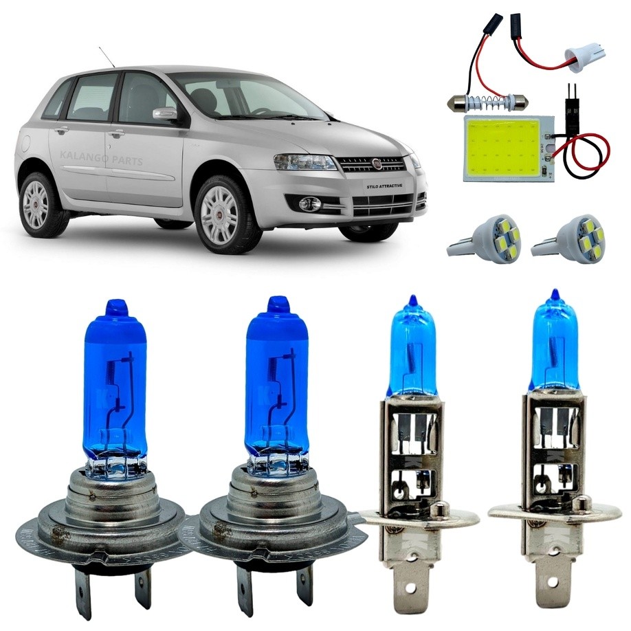 Kit Lâmpadas H7 H1 Super Branca 8500K Alto Baixo Fiat Stilo Luz De Teto + Pingo T10