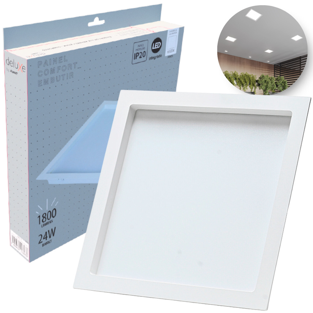 Painel Led Recuado 24w Quadrado 6500k Comfort Branco Frio 26cm 110V/220V Bivolt Branco Fosco Cód: 908091371 - Deluxe em Oferta na Shopee