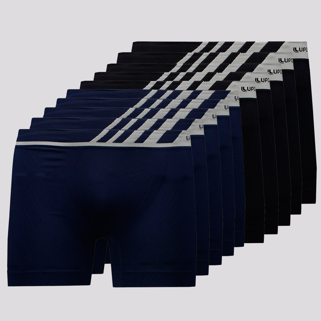 Kit de 10 Cuecas Boxer Lupo Microfibra Preta e Marinho