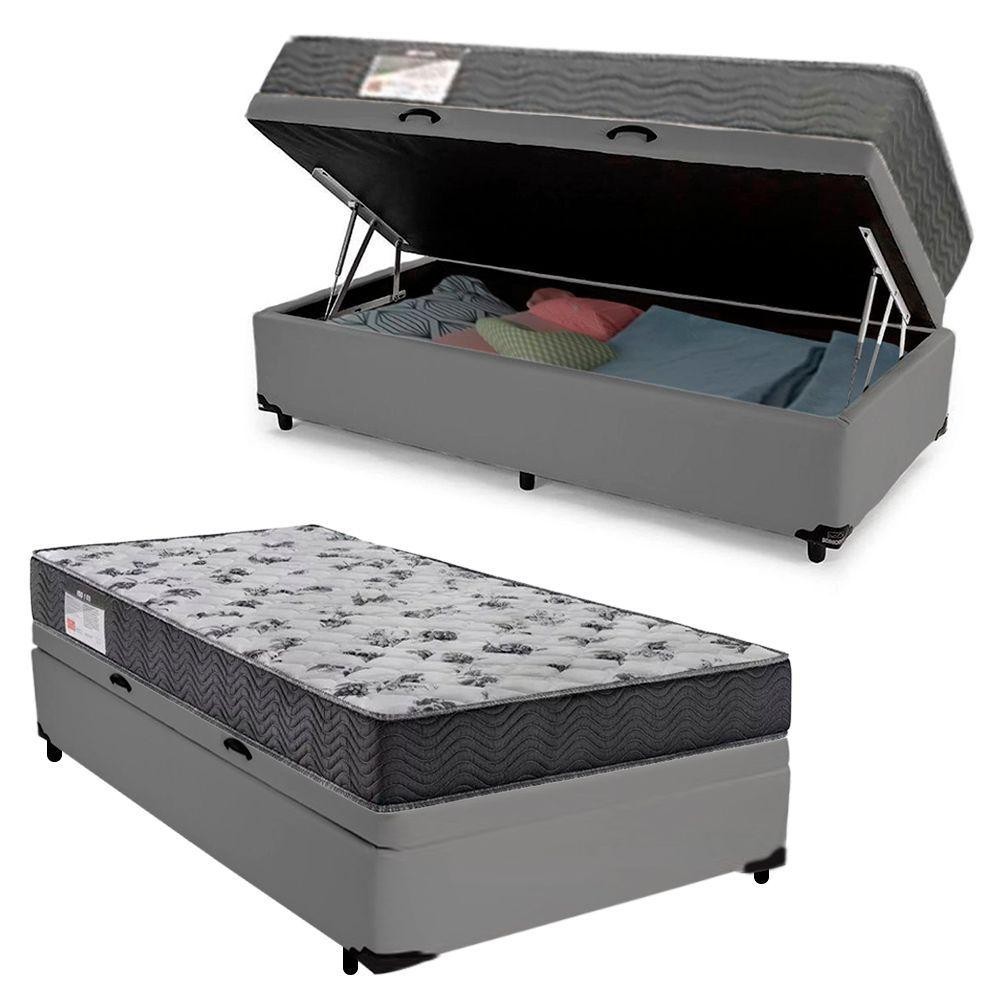 Cama Box Baú Solteiro Sintético + Colchão De Espuma D33 - Serene - 88cm Cinza