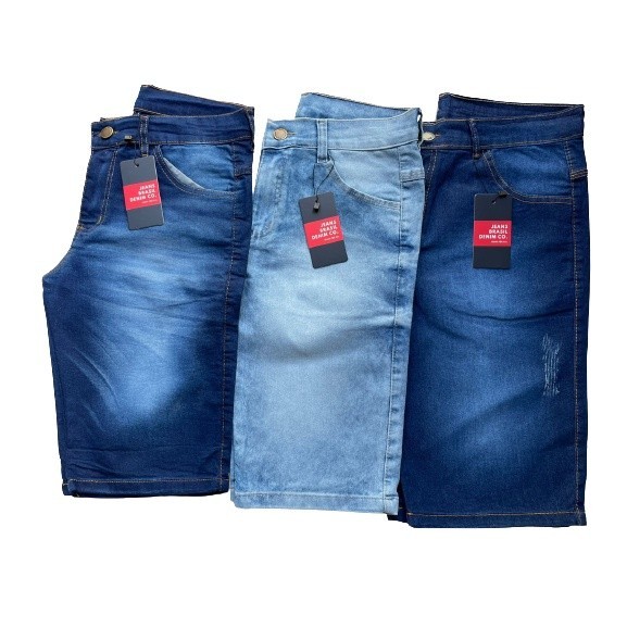 kit 3 Bermudas Confortaveis Alta Qualidade Jeans lisa Masculina Elastano Variadas 98% Algodão 2% Elastano