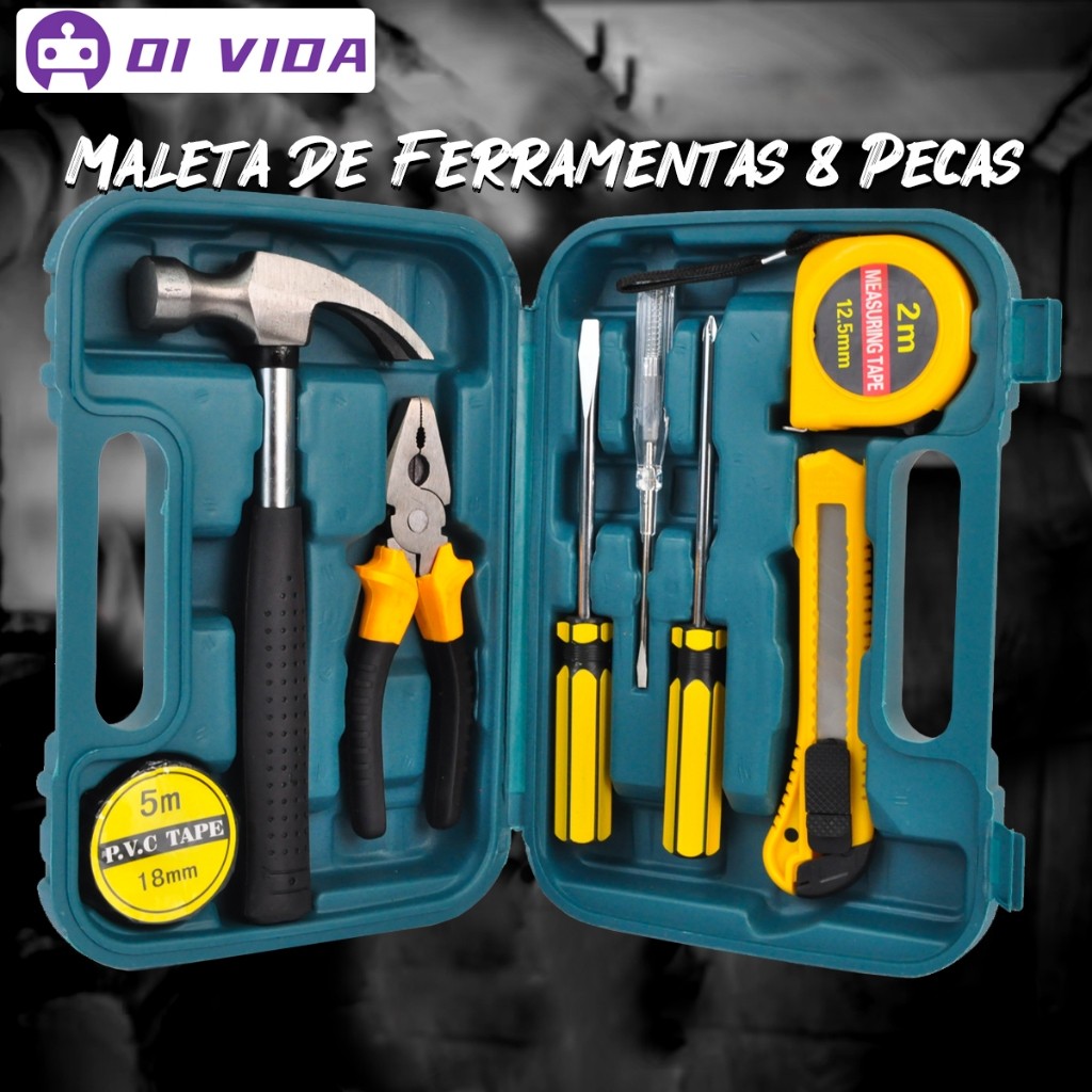 Kit de Ferramentas 8 Peças Maleta Completa para Reparos Manutenção Chaves Alicates Estilete Martelo em Oferta na Shopee