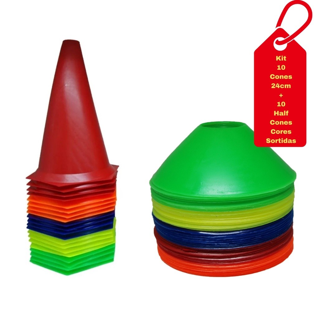 Kit 10 Cones 24 cm + 10 Half Cone Chapéu Chinês Treinamento Funcional Esporte Futebol