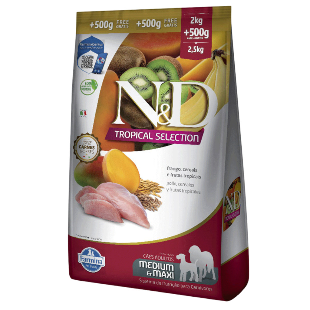 Ração N&D Tropical Selection Cães Adultos 2kg + 500g Grátis Porte Médio e Grande Sabor Frango, Cereais e Frutas Tropicai - Pets
