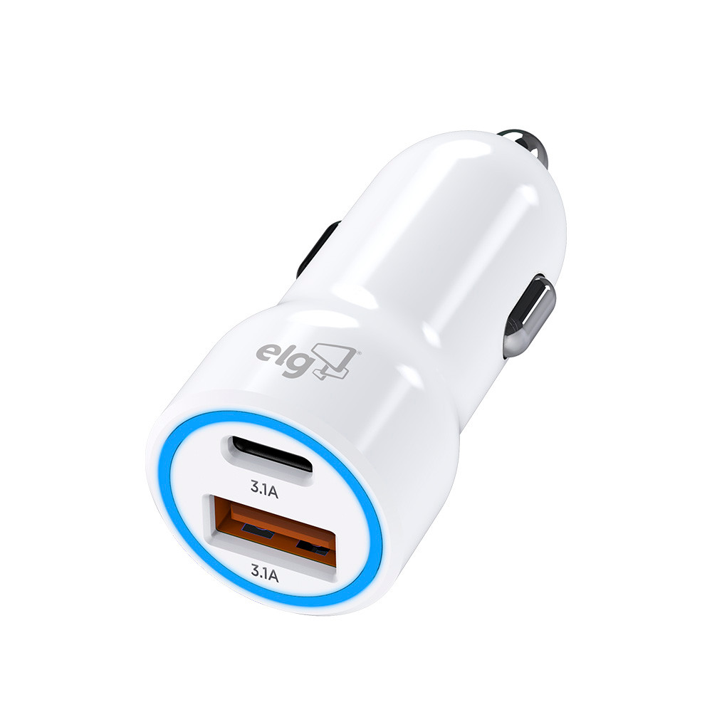 Carregador Veicular Universal, USB-C 3.1A + USB-A 3.1A, 12V-24V, Carga Rápida, Branco, CC2STC, ELG em Oferta na Shopee