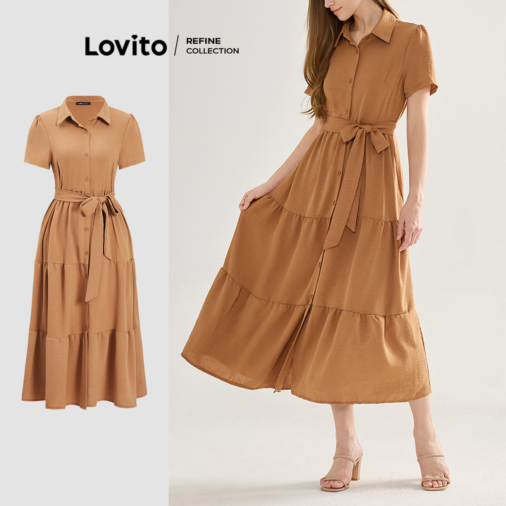 (Lovito Refine) Vestido Elegante Com Botão Liso Frontal Em Camadas Para Mulheres L119BR063 - Women Clothes