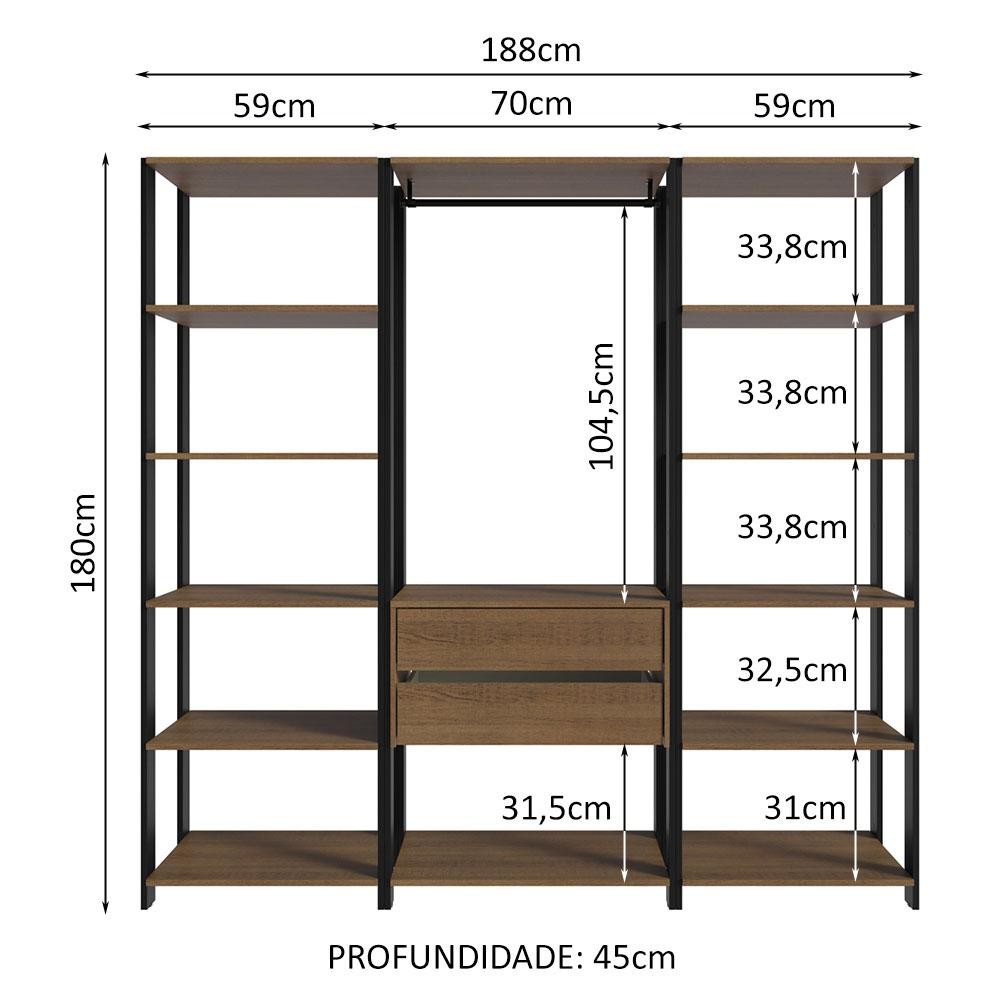 Guarda-Roupa Closet Modulado Valencia 2 Gavetas 188cm Rustic/Preto Madesa 01 · foto 2