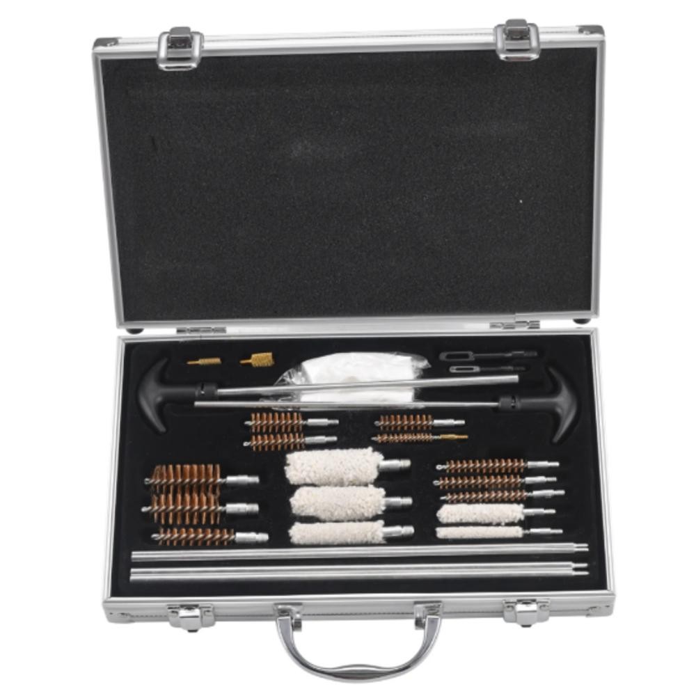 KIT DE LIMPEZA ARMAS CURTAS LONGAS MALETA ALUMINIO ARMAMENTO REVOLVER PISTOLA CARABINA PROFISSIONAL 24 PEÇAS TODOS OS CA