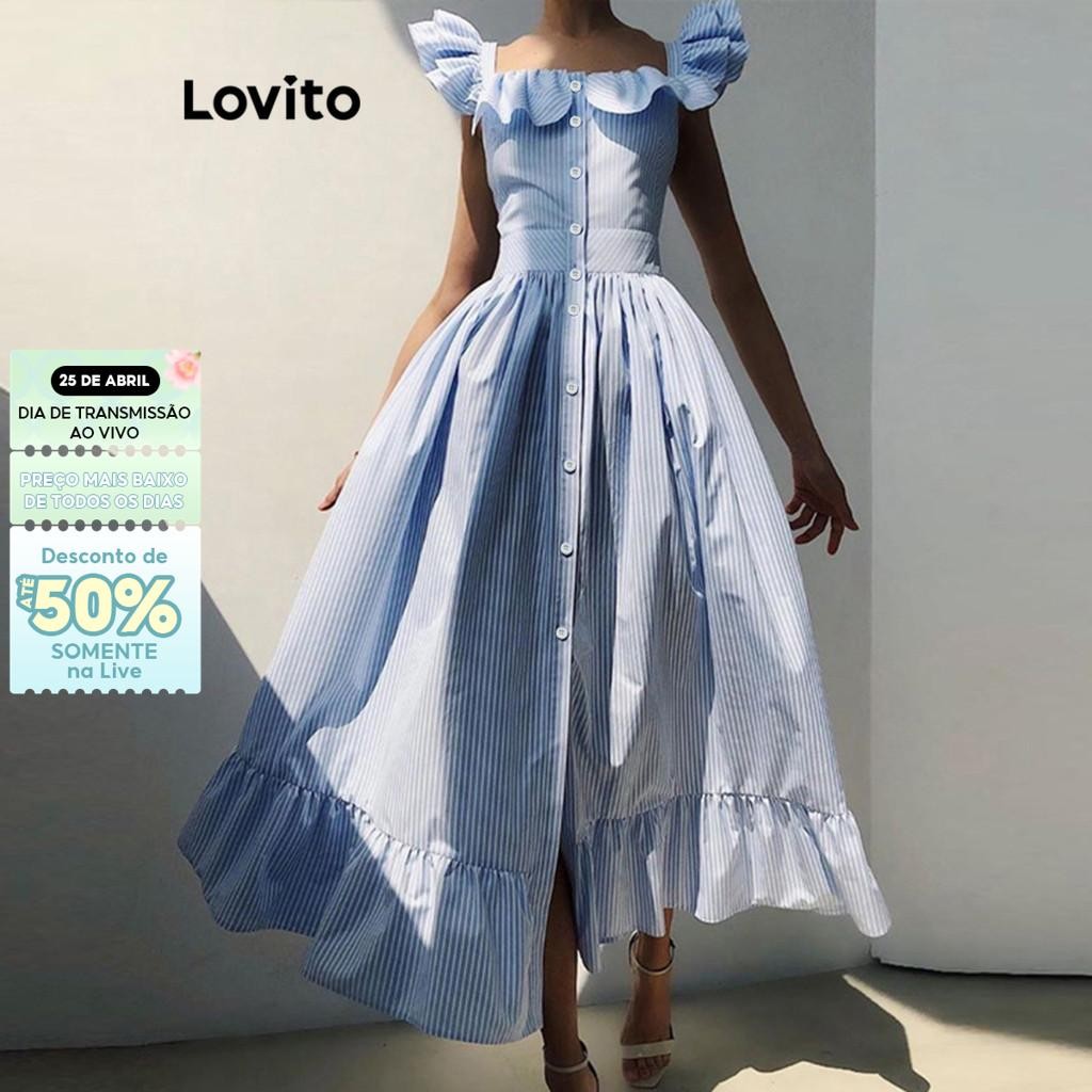 Lovito Elegante Vestido Feminino Listrado com Babado e Botão Frontal LNL40096