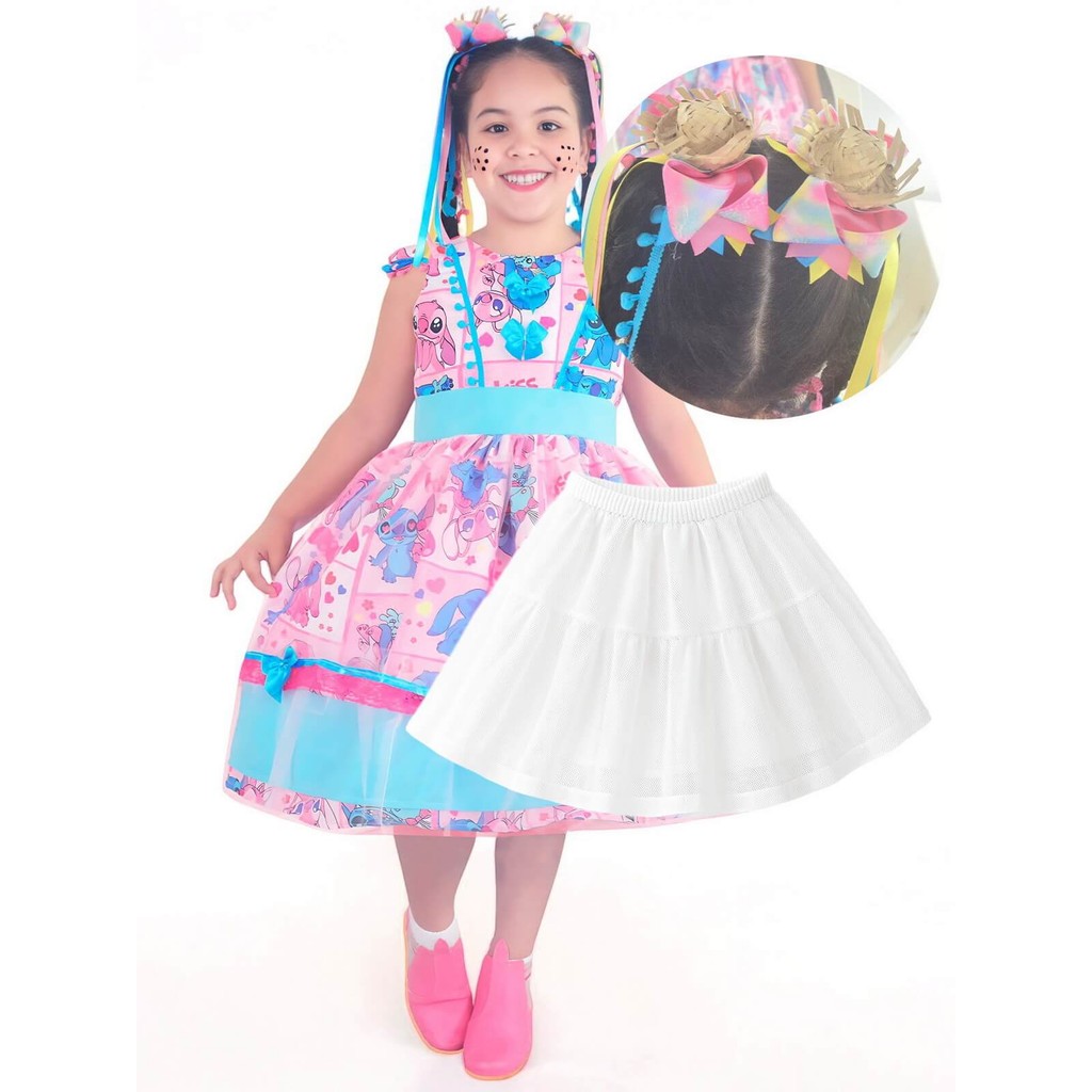 Vestido Stitch Festa Junina Rosa + Saia Tutu + 2 Laços Cabelo