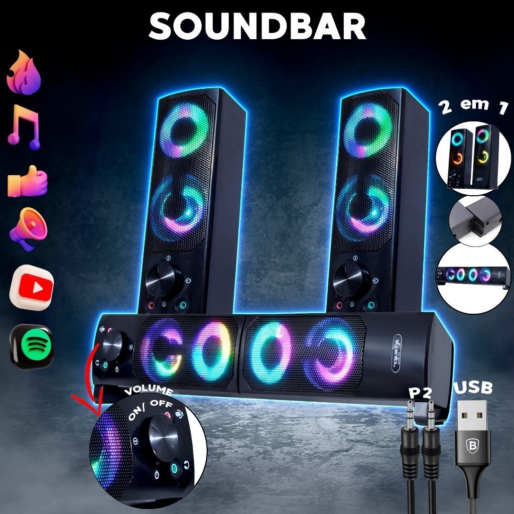 SoundBar com fio para jogos de PC, subwoofer P2 LED RGB, alto-falantes para PC, laptop, telefone e tablet