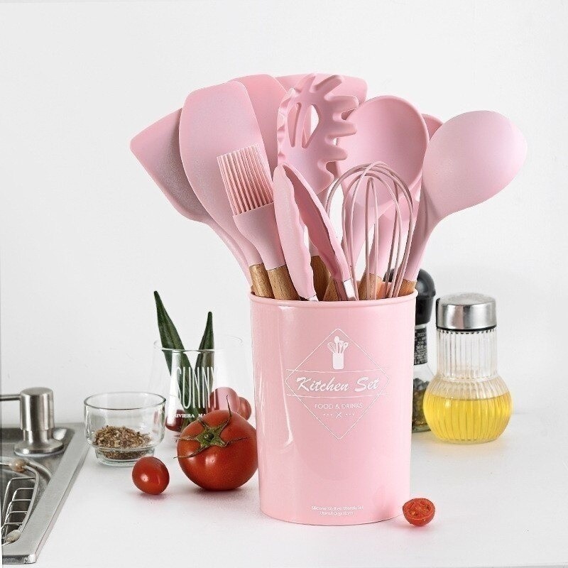 Jogo de Cozinha Kit C/12 Pçs de Silicone Utensílios e Copo Suporte para Cozinha Cabo de Ma...