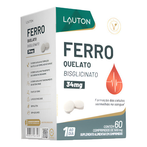 Ferro Quelato 34mg 60 Comprimidos Lauton Nutrition Sem Sabor em Oferta na Shopee