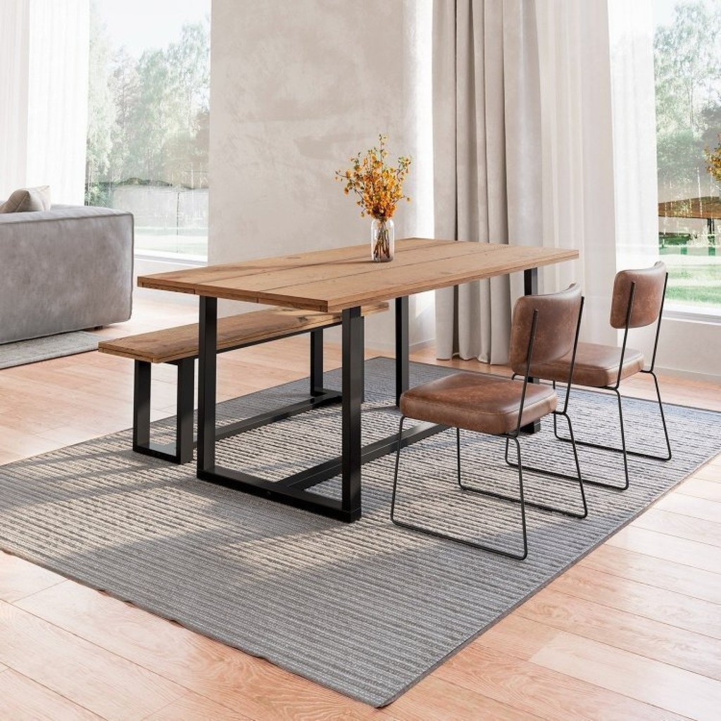 Conjunto Mesa de Jantar Rústica e Banco de Madeira Maciça com Cadeiras Aço Roma Marrom/Preto