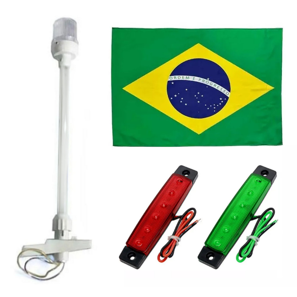 Kit Luz Bombordo e Boreste Slim 6 Leds + Mastro Estrobo Led Alcançado Fundeio Branco + Bandeira do Brasil - Barco Lancha