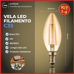 Lâmpada Filamento Vela Led E14 Luz Quente C35 2W Amba Retro Vintage 2200K 110V-220V Bivolt
