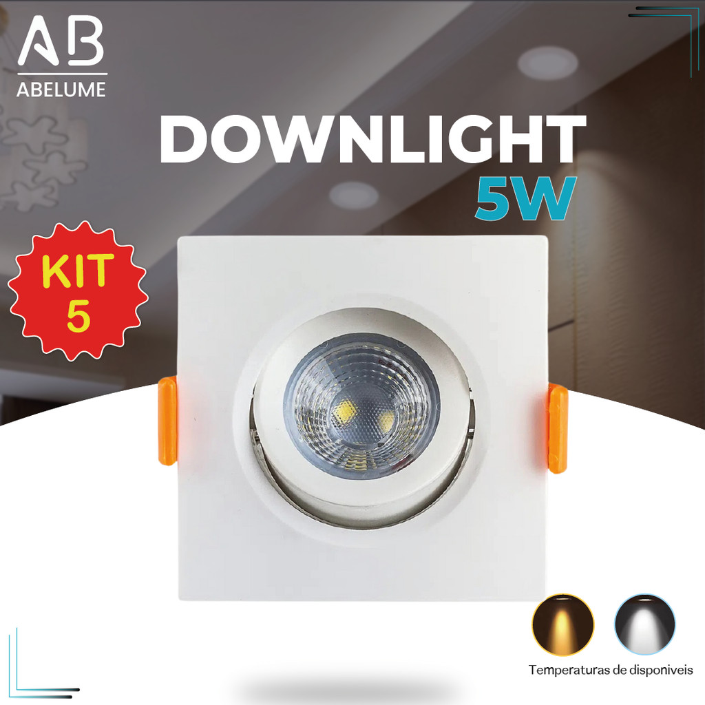 Kit 5 Luminária Spot Led Quadrado Direcionável 5W Embutir Gesso Teto | Branco Quente 3000K | Branco Frio 6500K  Bivolt em Oferta na Shopee