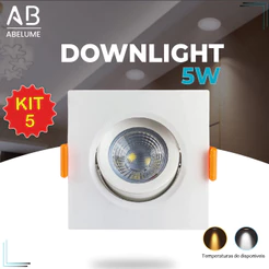 Kit 5 Luminária Spot Led Quadrado Direcionável 5W Embutir Gesso Teto | Branco Quente 3000K | Branco Frio 6500K Bivolt