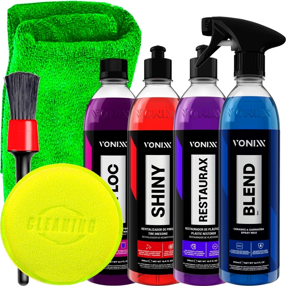 Kit Lavagem de Carro e Moto Vonixx Cera Blend Restaurax Selante Shiny Shampoo V-Floc 500ml e Acessórios Karbox