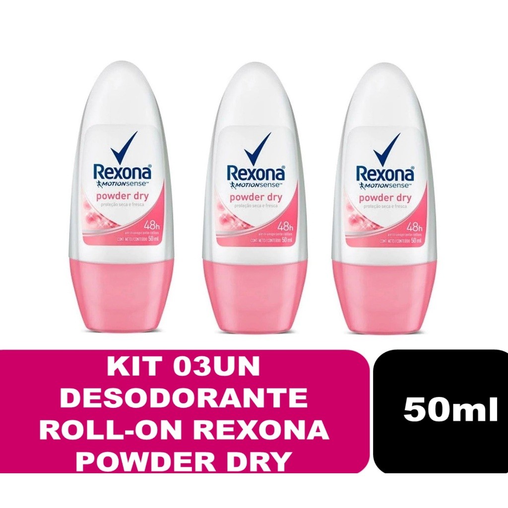 Kit 03un Rexona Desodorante Roll-on Feminino Powder Dry 50ml em Oferta na Shopee