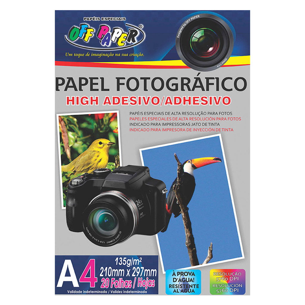Papel Adesivo Fotográfico Alto Brilho Glossy A4 135g Resolução 5760 DPI Off Paper com 20 Folhas
