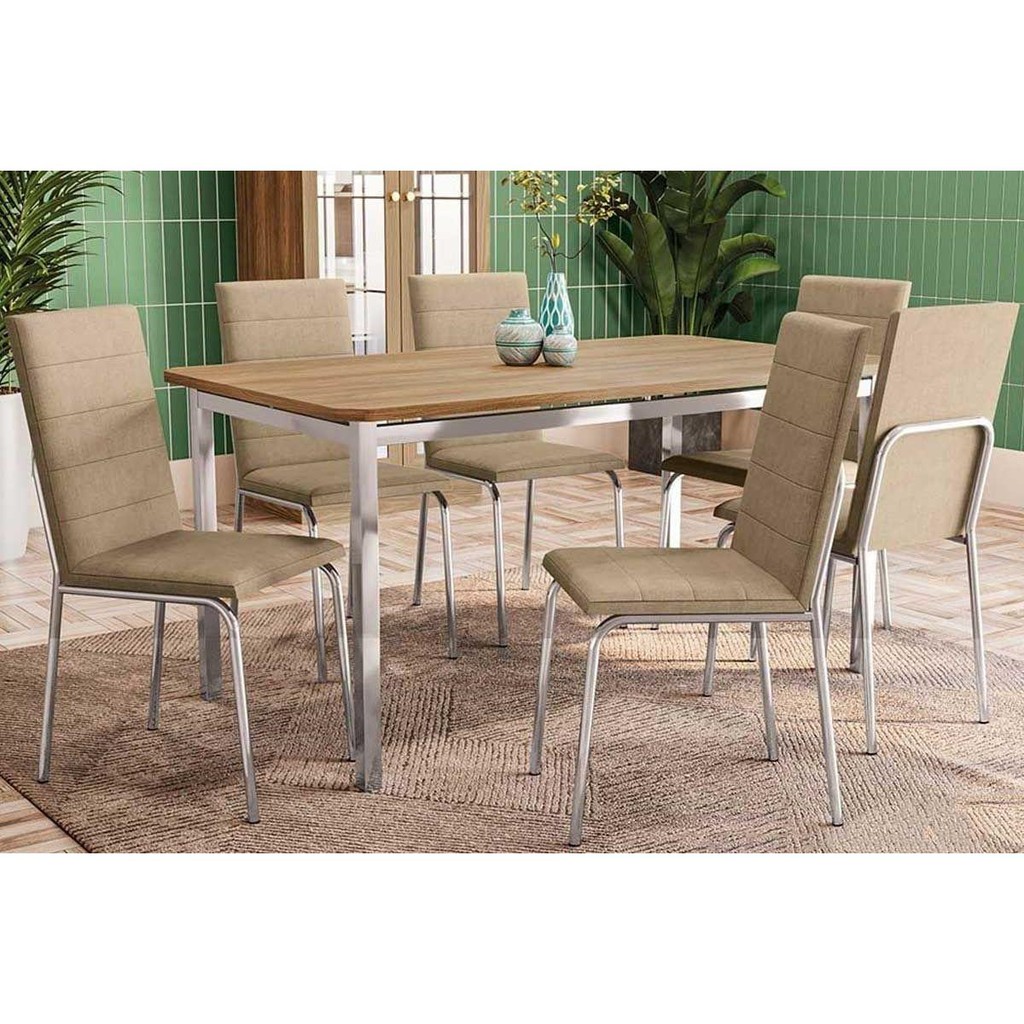 Sala de Jantar Completa Reno c/ Tampo de Madeira 160cm + 6 Cadeiras Amsterdã Cromada/Capuccino - Kappesberg em Oferta na Shopee