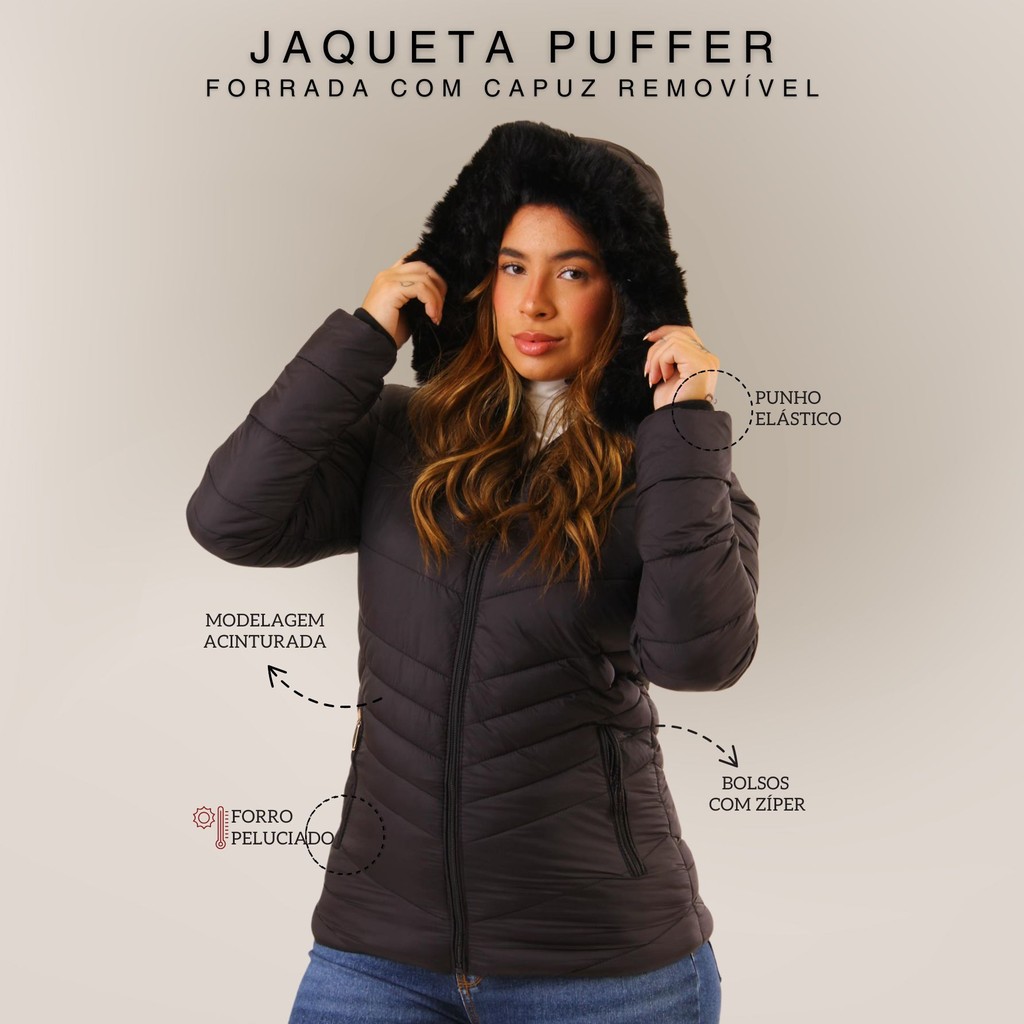 Jaqueta Feminina Capuz Removível Forro Pelinho Moda Outono Inverno Quentinha Confortável