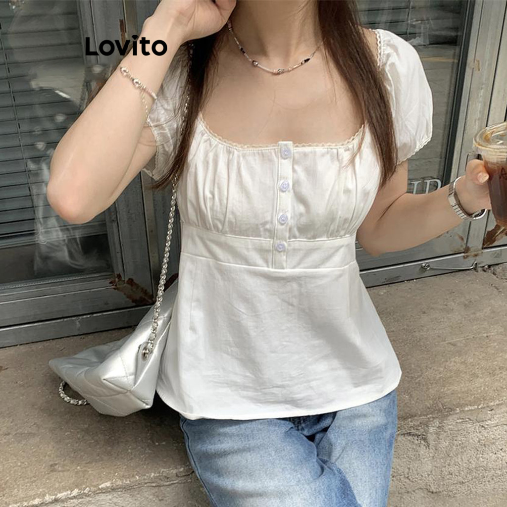 (Trendy) Lovito Blusa Casual Verão Botão Frente Renda Blusa Plissada Para Mulheres LNE38334 (Branco) em Oferta na Shopee