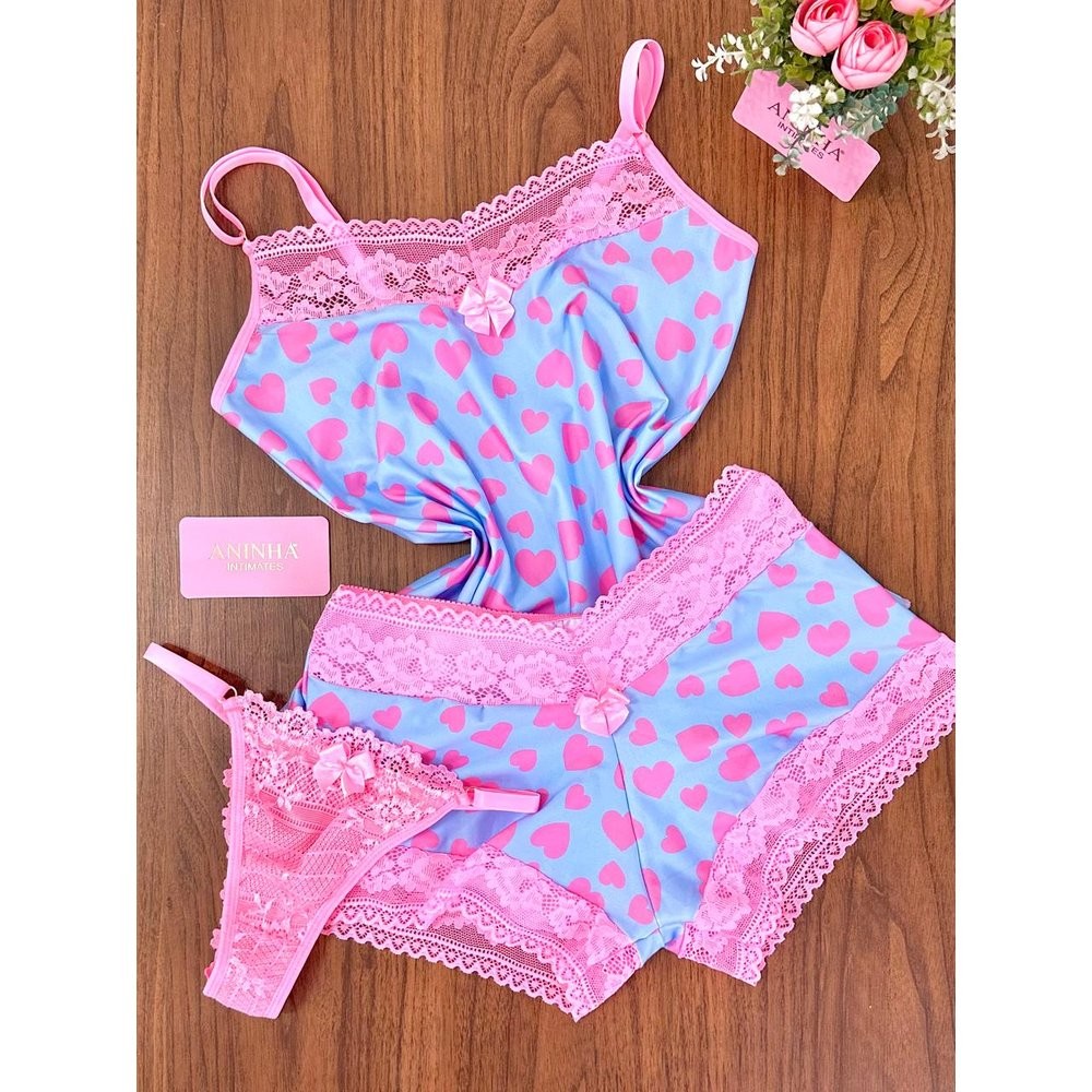 KIT Baby Doll Estampado + Calcinha - Azul Frozen com Corações Rosa Babaloo