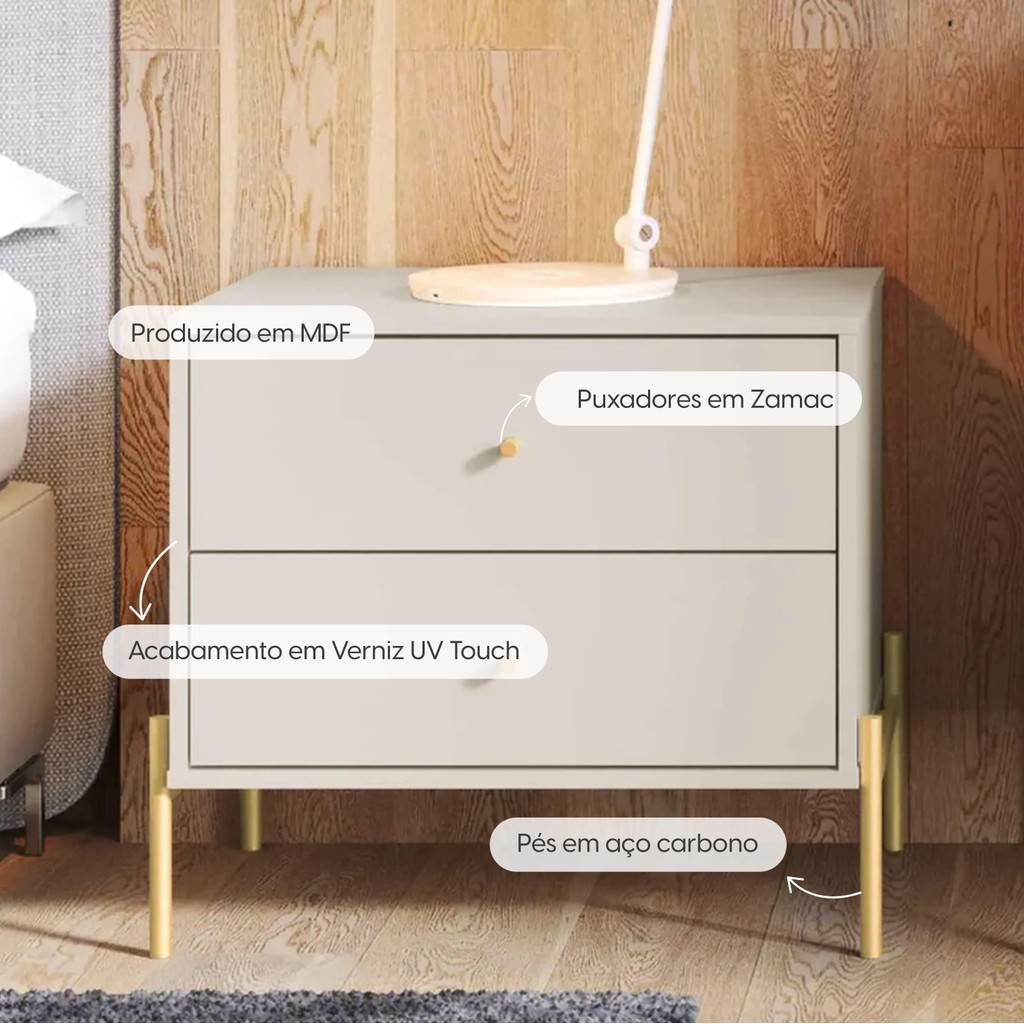 Kit 2 Mesas de Cabeceira com 2 Gavetas Jasper 64 cm - Off White Fosco c/ Dourado — imagem 2 de 2
