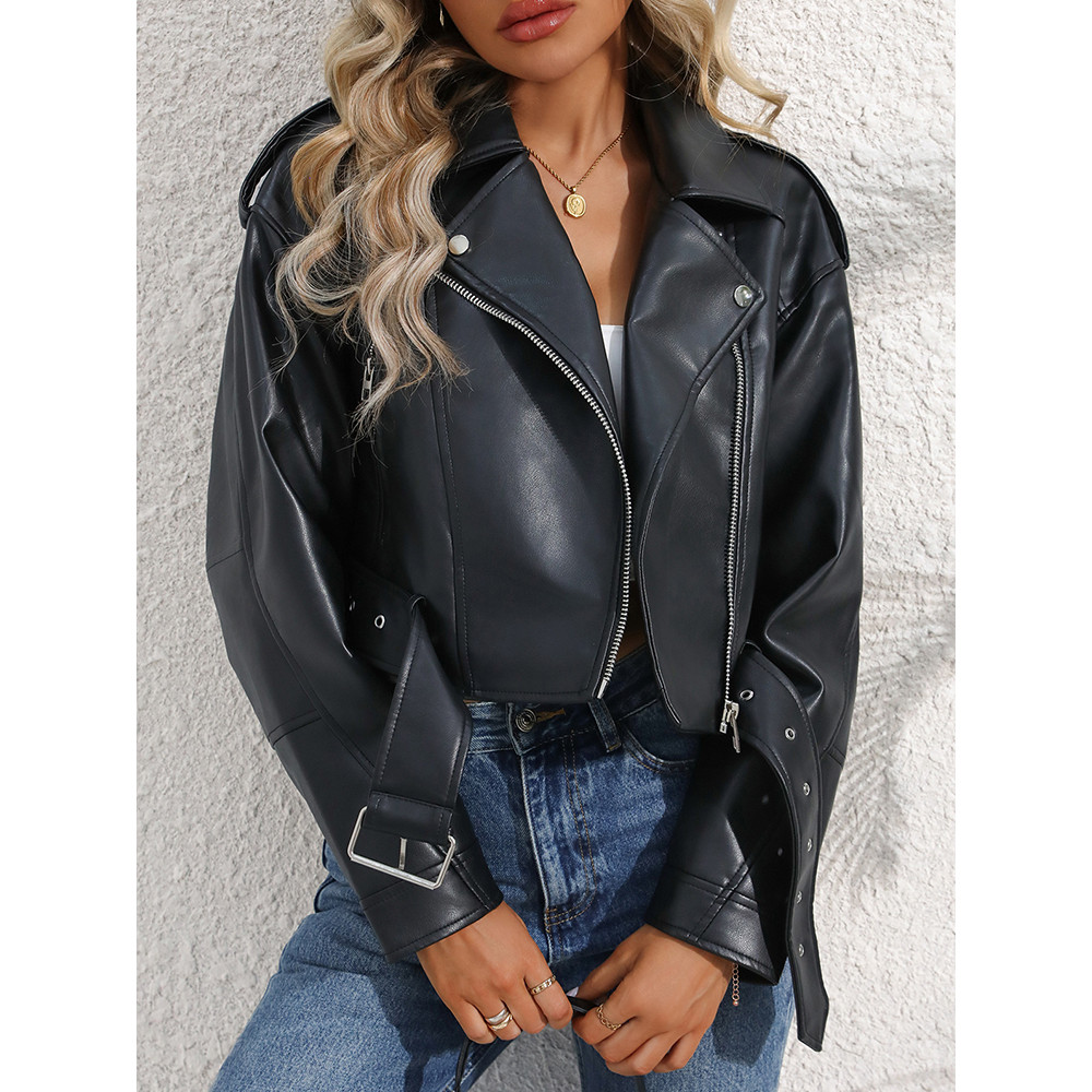 Primavera Outono Feminino Falso Couro Do Plutônio Jaqueta Curta Com Cinto Motocicleta Motociclista Zíper Lapela Casaco S