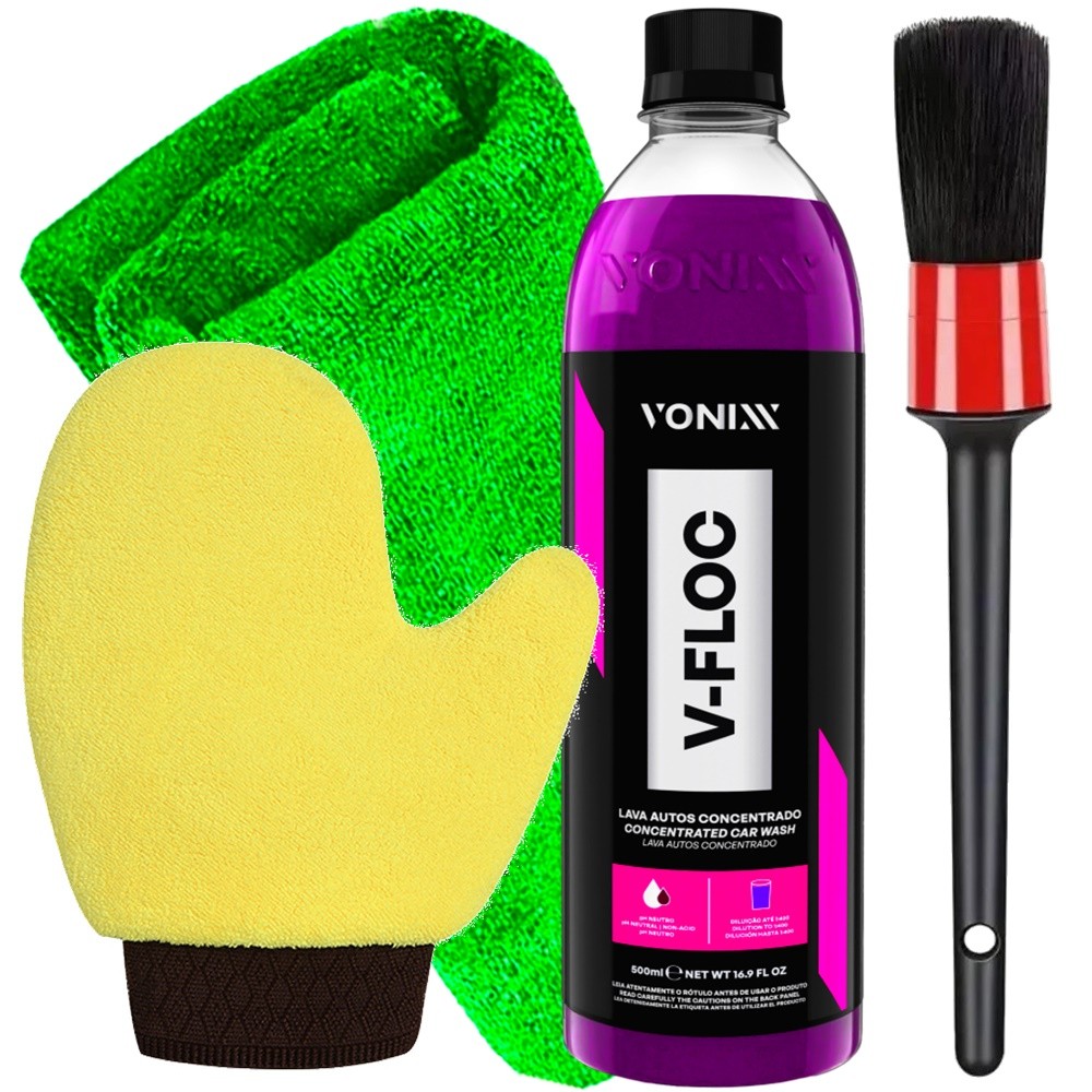 Kit Vonixx Lavagem Automotiva Shampoo Neutro V-Floc Luva Pata De Urso Toalha Microfibra Pincel Detalhamento Karbox