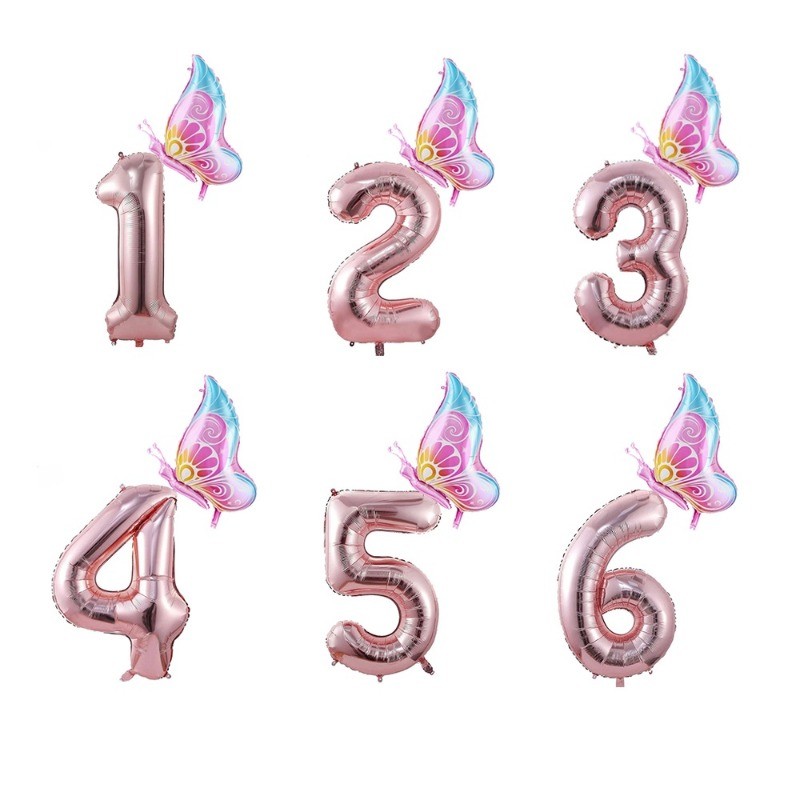 Conjunto De Balão Laminado De Aniversário De Borboleta De 32 Polegadas , Digital De Ouro Rosa , Decoração De Fundo De Fe