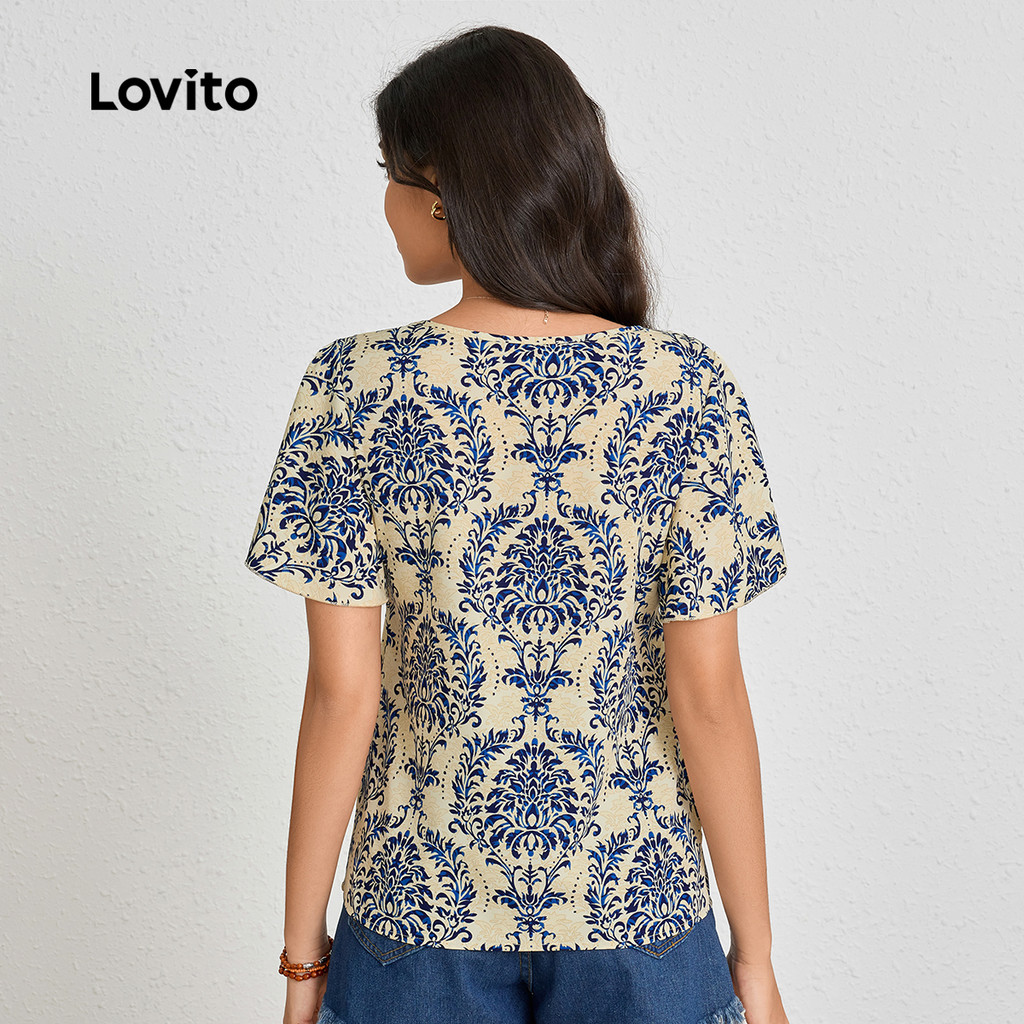 (Trendy) Lovito Blusa Boho Com Estampa Tribal Blusa De Verão/Primavera Para Mulheres LBL23336 em Oferta na Shopee