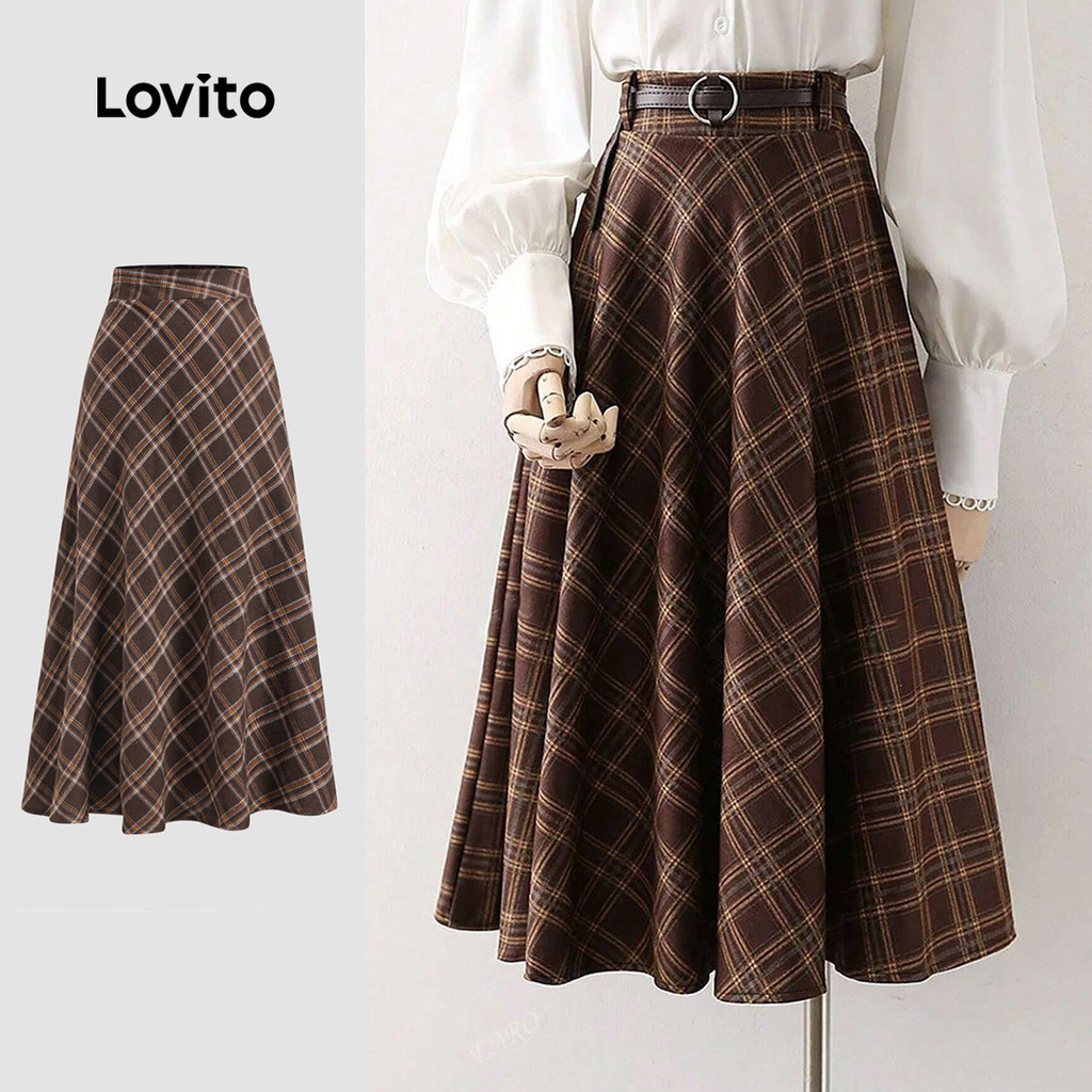 (Trendy) Lovito Saia elegante com costura em tecido xadrez para mulheres LBL22556 em Oferta na Shopee