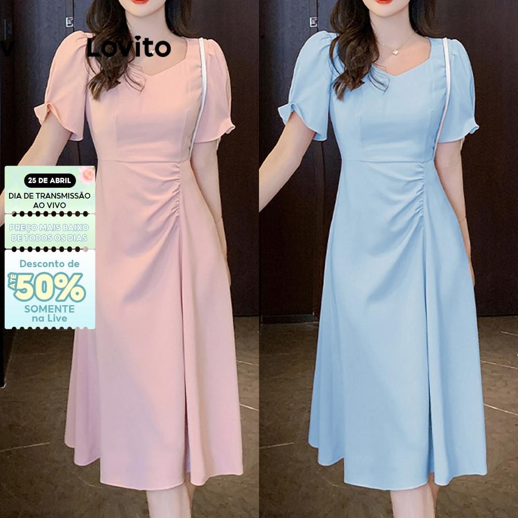 Lovito Vestido Elegante Feminino Liso Plissado Plicado Evasê LNE34101 (Rosa)