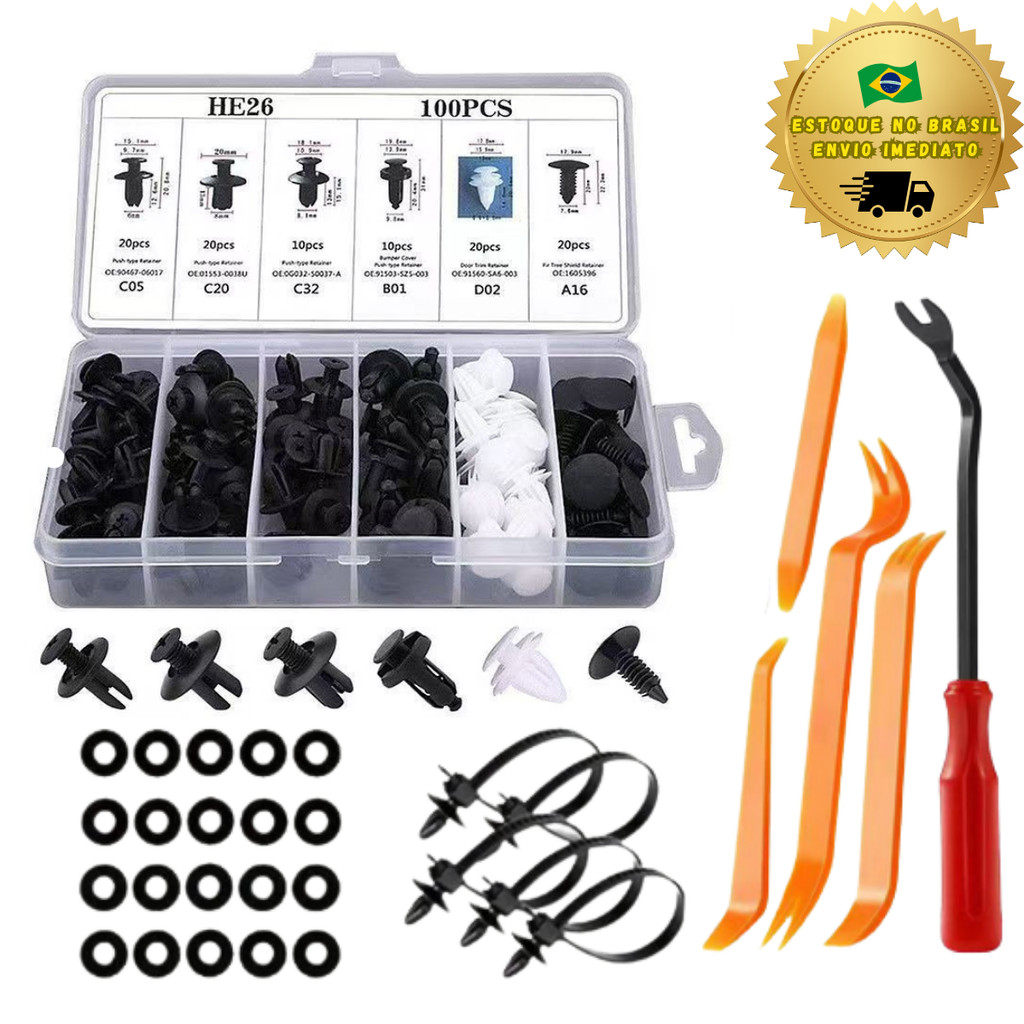 KIT 130 PRESILHA GRAMPO AUTOMOTIVO REBITE NYLON PARABARRO PARACHOQUE UNIVERSAL COM CHAVE E ESPÁTULA DE EXTRAÇÃO PAINEL