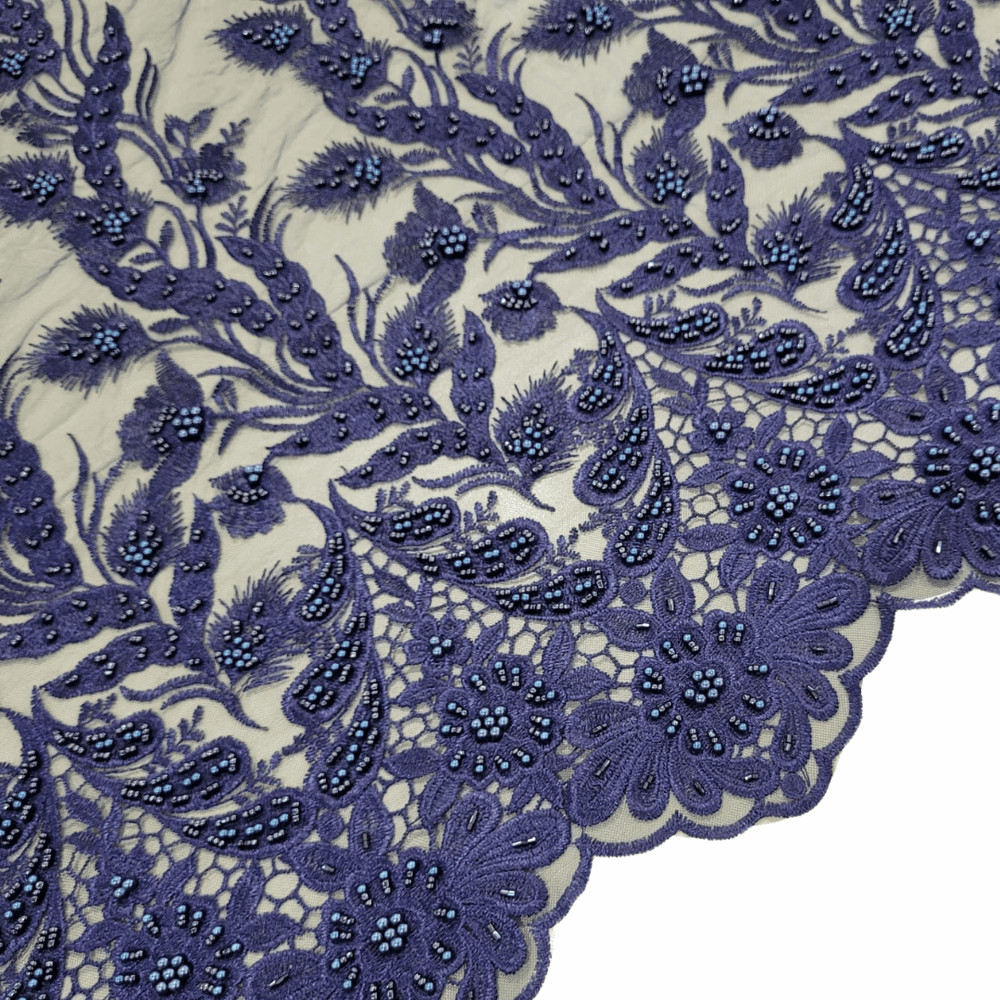 Renda para Vestido de Festa Tule Bordado Marinho com Pérolas em Metro - 1,30m x 1,45m