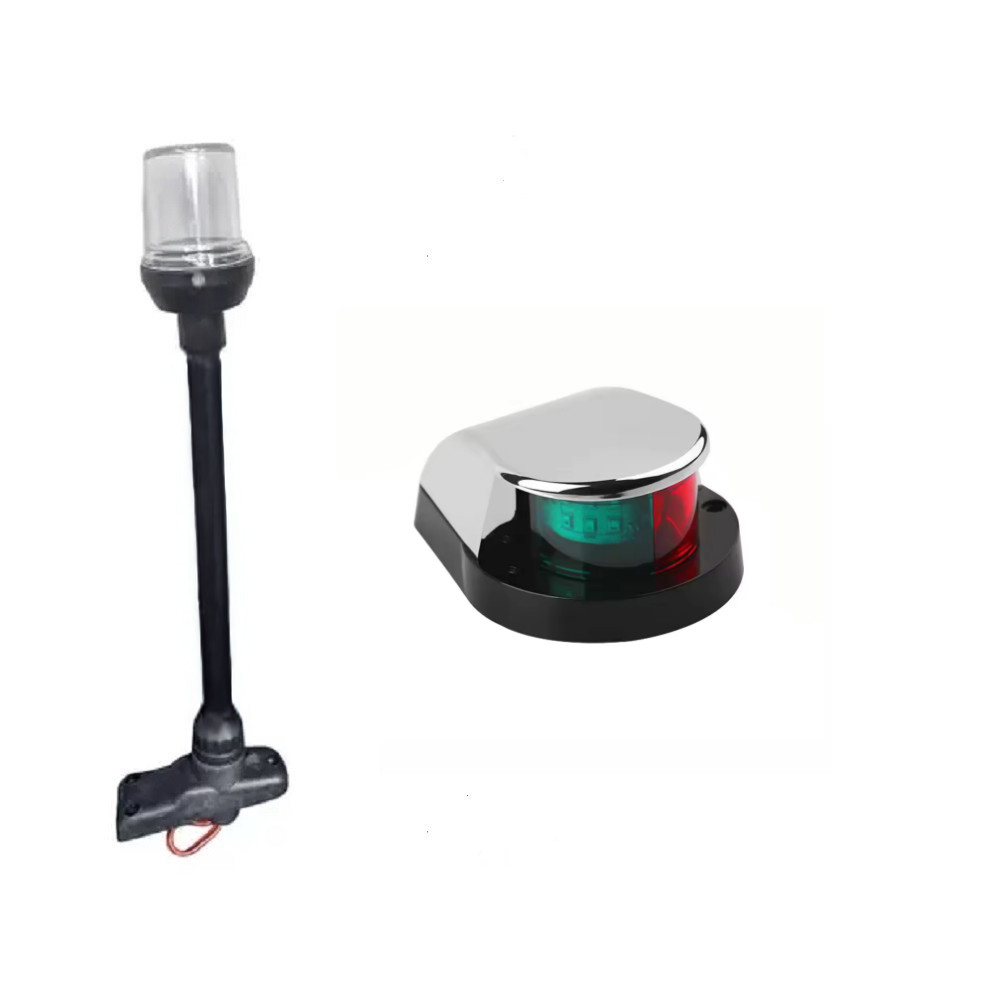 Kit Luz Bombordo E Boreste Bicolor em ABS Cromado Led + Mastro Estrobo Alcançado Fundeio Preto Led - Barco Lancha Pesca