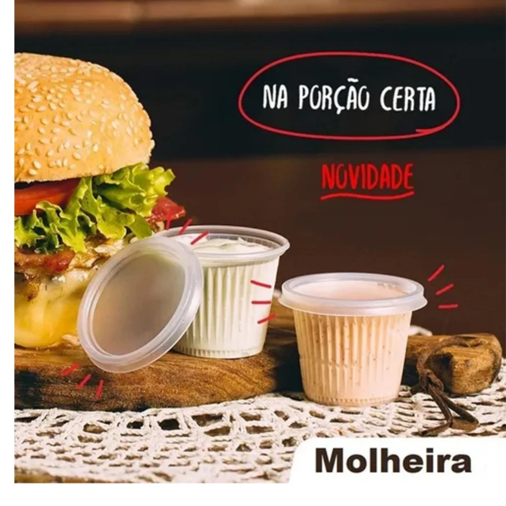 Kit 100 Tampinhas + Copo  50ml ou 80ml Reforçado para Transporte Delivery Não Vaza Copo para Molhos Dieta