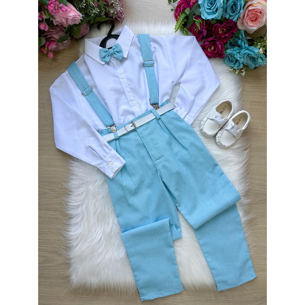 Conjunto Infantil Menino Traje Social Manga Longa Calça Suspensório Azul Bebê Festa Casamento Pajem C/ Cinto