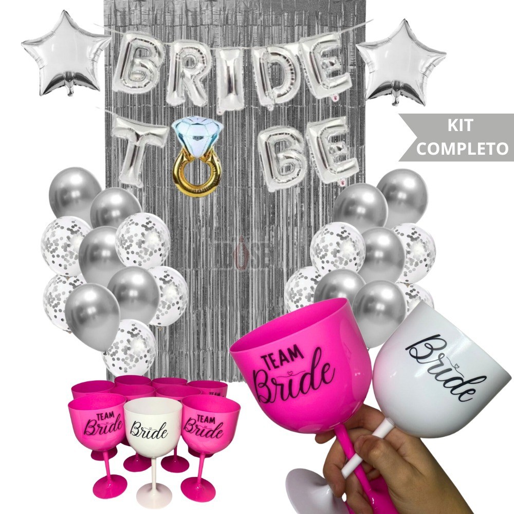 Kit Despedida de Solteira Chá de Lingerie 11 Taças Noiva + Time da Noiva + Balão Bride to Be + 22 Balões + Cortina Prata