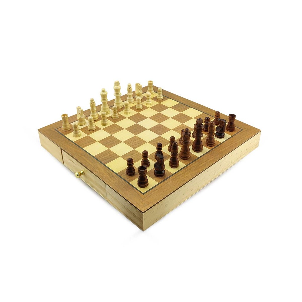 Jogo de Xadrez e Damas 2 em 1 Profissional Hoyle Games Tabuleiro Grande 29x29CM Peças Em Madeira Com 2 Gavetas