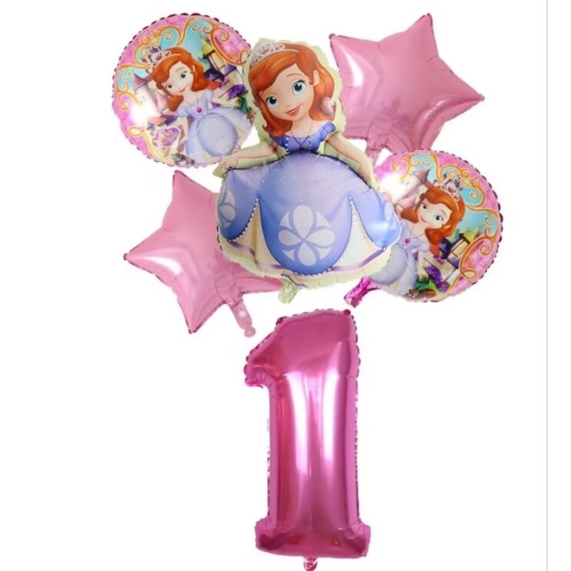 Kit c/6 balões metalizado princesas sofia,redondo,estrela mede 45 cm,número 40 cm