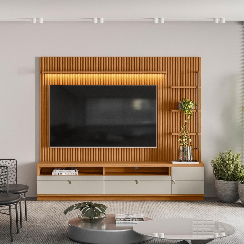Rack com Painel Ripado 1 Módulo Lateral Ouro Preto