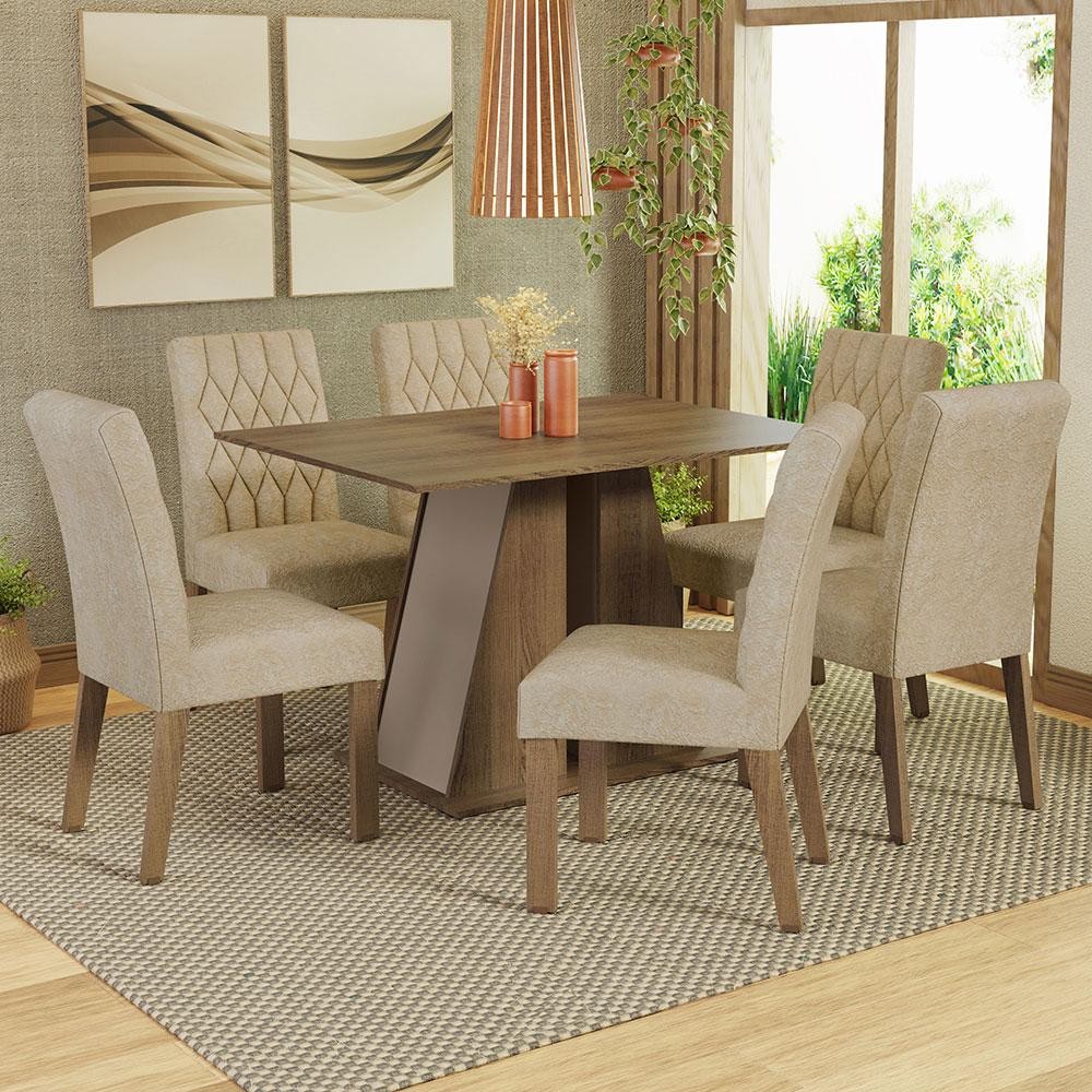 Conjunto Sala de Jantar Mesa Tampo de Madeira 6 Cadeiras Fabiana Madesa