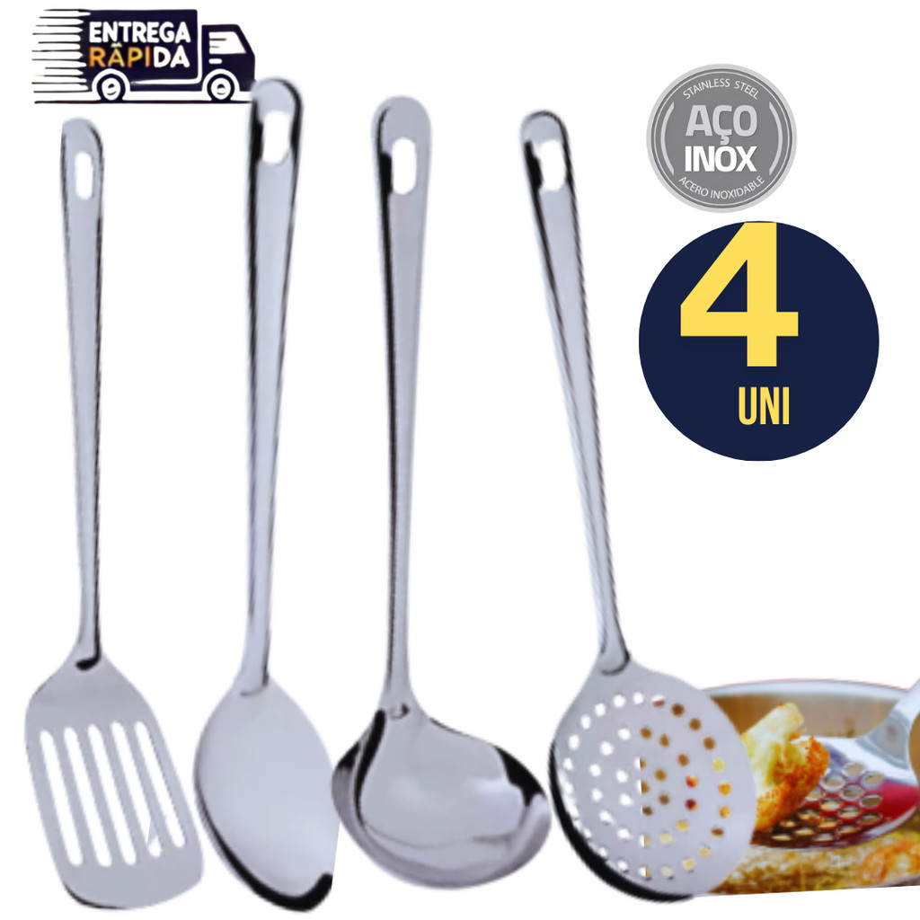 Kit 4 Utensílios em Inox Concha Espátula Escumadeira Colher Arroz Espatula Vazada Cozinha Restaurante Buffet