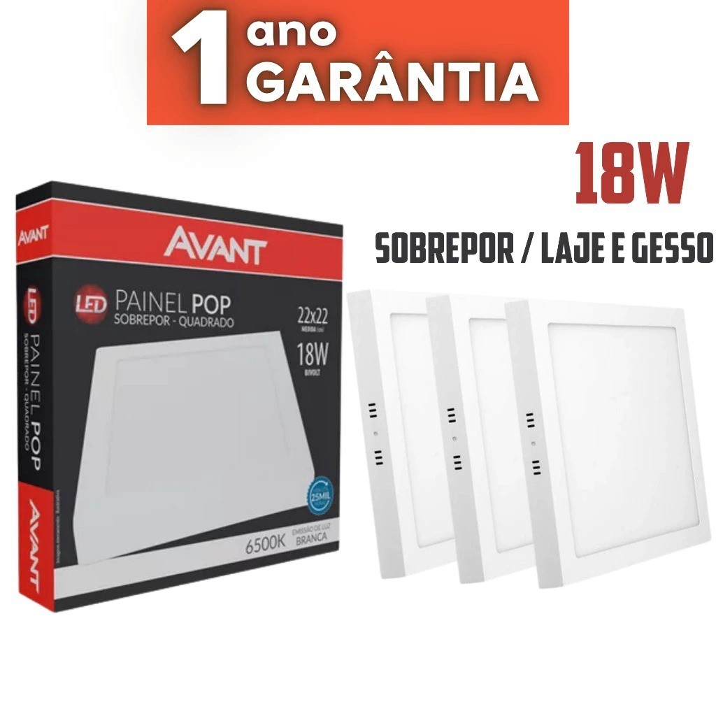 Kit 3 Luminárias Painel Plafon Led 18W Quadrado Sobrepor 19x19 Branco Frio 6500k Avant 01 Ano de Garantia em Oferta na Shopee